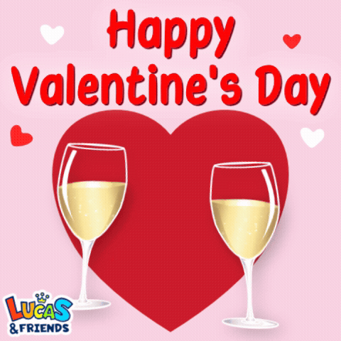 A Lucas And Friends Valentine 'S Day Card With Two Wine Glasses In Front Of A Heart GIF