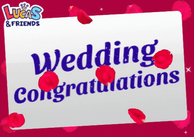 A Lucas And Friends Wedding Congratulations Card With Red Rose Petals GIF