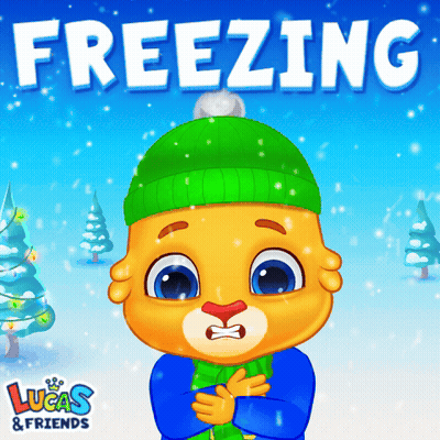 A Lucas & Friends Advertisement With A Cartoon Character Wearing A Green Hat And Scarf GIF