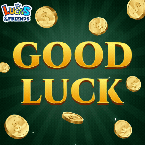 A Lucas & Friends Advertisement With Gold Coins And The Words Good Luck GIF