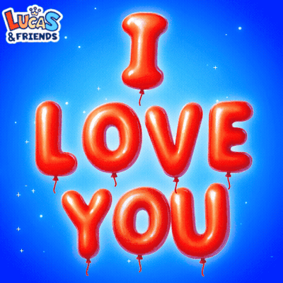 A Lucas & Friends Advertisement With Red Balloons Spelling Out I Love You GIF