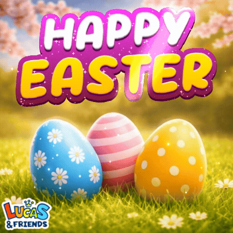 A Lucas & Friends Easter Card With Three Eggs GIF