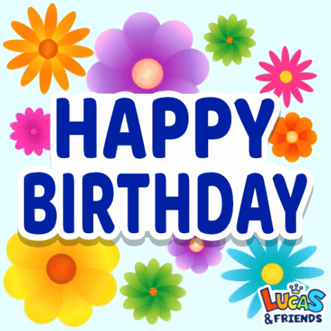 A Lucas & Friends Greeting Card With Colorful Flowers GIF