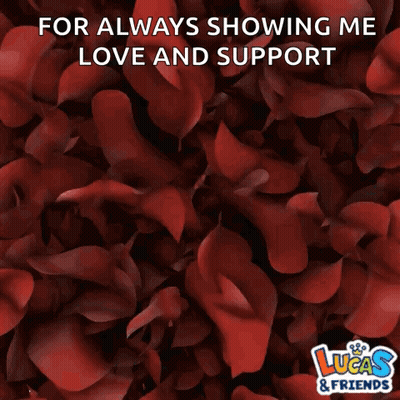 A Lucas & Friends Greeting Card With Red Rose Petals Surrounding The Words Thank You GIF