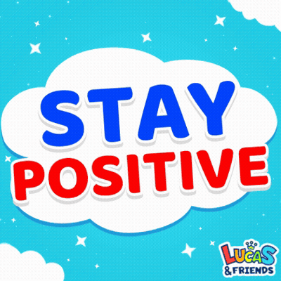 A Lucas & Friends Logo That Says Stay Positive On A Cloud GIF