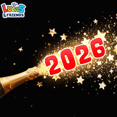 Lucas & Friends Logo With Champagne Bottle GIF