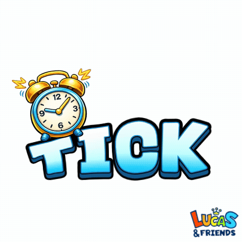 A Lucas & Friends Logo With A Clock And The Word Tock GIF