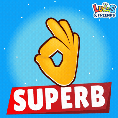 A Lucas & Friends Logo With A Hand Showing An Ok Sign GIF