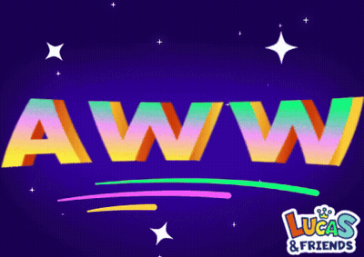 A Lucas & Friends Logo With The Letters Aww On A Purple Background GIF