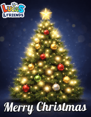 A Lucas & Friends Merry Christmas Poster With A Christmas Tree GIF