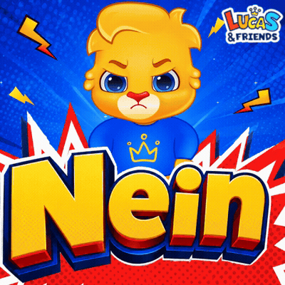 A Lucas & Friends Poster With A Cartoon Character And The Name Nein GIF