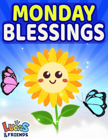 A Lucas & Friends Poster With A Sunflower And Butterflies GIF