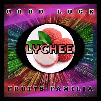 A Lychee Poster With A Colorful Background And The Words Good Luck Fruits Familia GIF