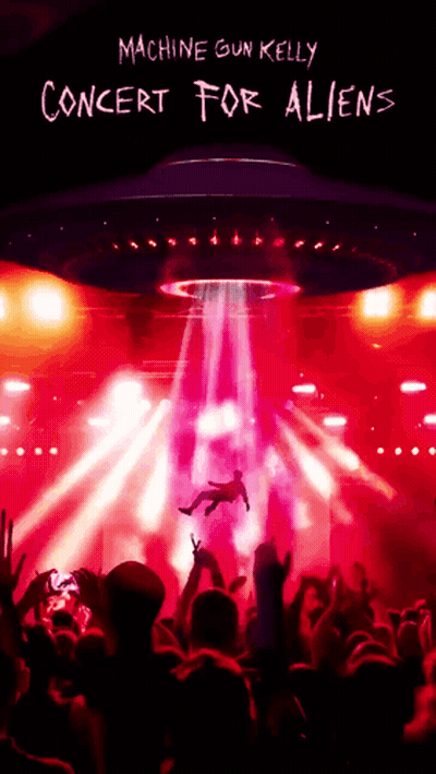 A Machine Gun Kelly Concert For Aliens Poster Shows A Man Flying Through The Air GIF
