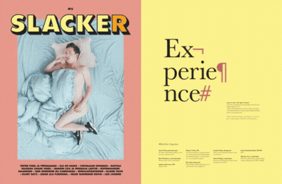 A Magazine Called Slacker Has A Picture Of A Man Laying On A Bed GIF