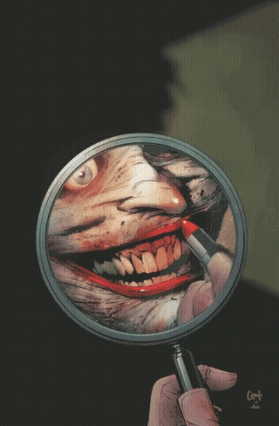 A Magnifying Glass With A Reflection Of A Joker On It GIF