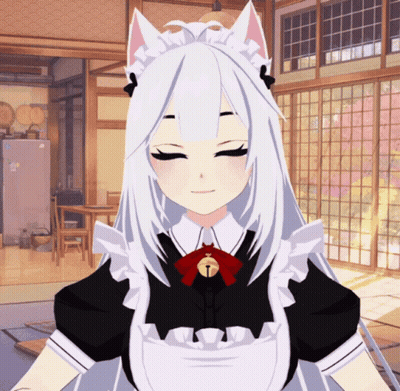 A Maid With White Hair And Cat Ears Is Standing In A Room With Her Eyes Closed GIF