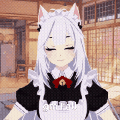 A Maid With White Hair And Cat Ears Says " Gm Fall " On Her Face GIF