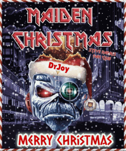A Maiden Christmas Poster With A Man Wearing A Santa Hat On It GIF