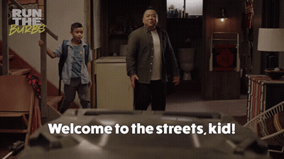 A Man And A Boy Are Standing In A Room With The Words Welcome To The Streets Kid Written On The Bottom GIF