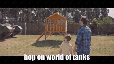 A Man And A Boy Are Standing In Front Of A Wooden Playhouse With The Words Hop On World Of Tanks Above Them GIF