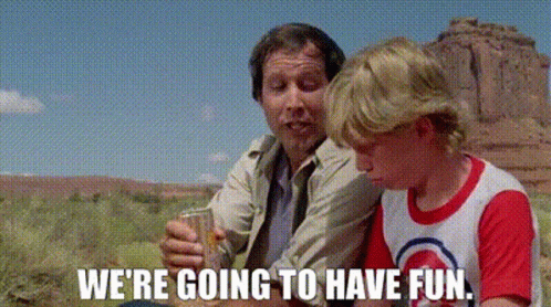 A Man And A Boy Sitting Next To Each Other With The Words We 'Re Going To Have Fun On The Bottom GIF