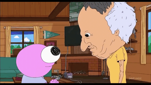 A Man And A Cartoon Character Are Standing In A Living Room With A Banner That Says Bass GIF