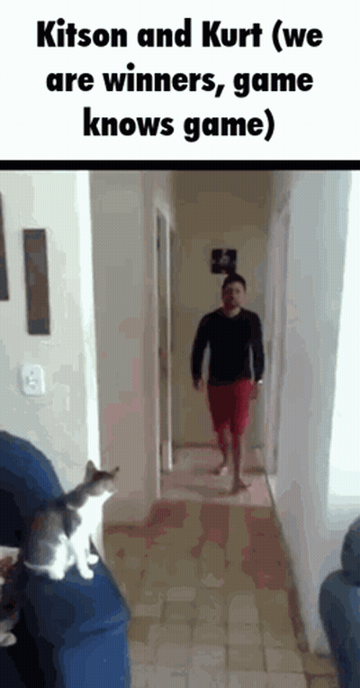 A Man And A Cat Are Playing A Game In A Hallway GIF