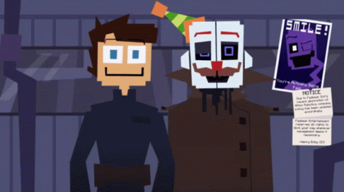 A Man And A Clown Are Standing Next To A Notice That Says " Smile " GIF
