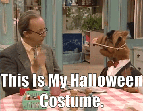 A Man And A Dog Are Sitting At A Table With The Words " This Is My Halloween Costume " Above Them GIF