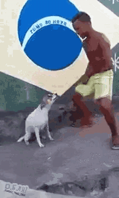 A Man And A Dog Are Standing In Front Of A Flag . GIF