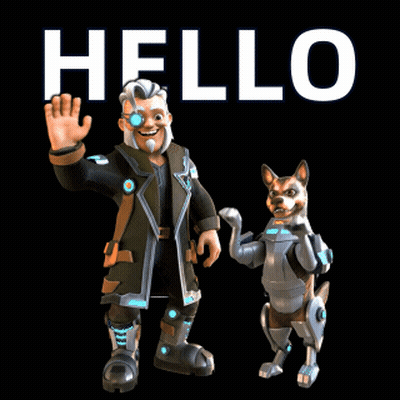 A Man And A Dog Are Standing Next To Each Other With The Word Hello Above Them GIF