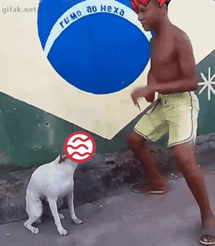 A Man And A Dog Standing In Front Of A Flag That Says " Fumo Ao Hexa " GIF