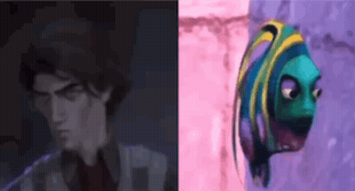 A Man And A Fish Are Standing Next To Each Other Next To A Wall . GIF