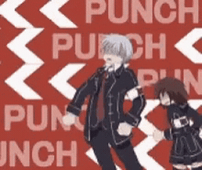 A Man And A Girl Are Dancing In Front Of A Red Background That Says Punch Punch GIF