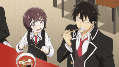 A Man And A Girl Are Sitting At A Table Eating Food With Chopsticks GIF