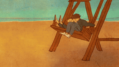 A Man And A Girl Are Sitting On A Lifeguard Tower GIF