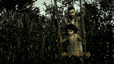 A Man And A Girl Are Sitting On A Swing In A Dark Forest GIF