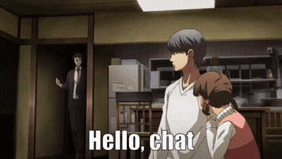 A Man And A Girl Are Standing In A Room With The Words Hello Chat On The Screen GIF