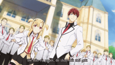 A Man And A Girl Are Standing In Front Of A Group Of People With The Words De Bao Ve Ngoi GIF