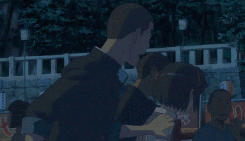 A Man And A Girl Are Standing In Front Of A Sign That Says No Dogs GIF