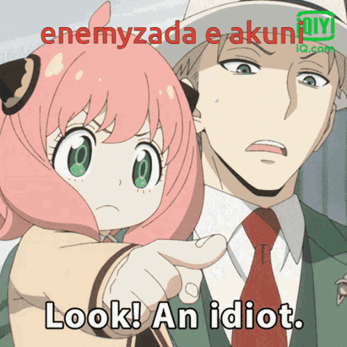 A Man And A Girl Are Standing Next To Each Other And The Girl Points At The Man And Says " Look An Idiot " GIF