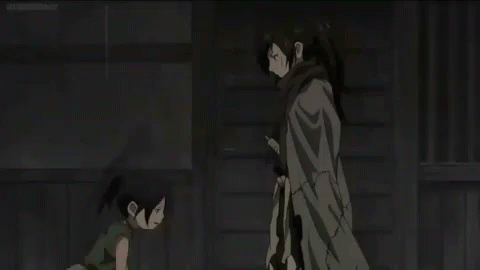A Man And A Girl Are Standing Next To Each Other In A Dark Room In A Samurai Anime . GIF
