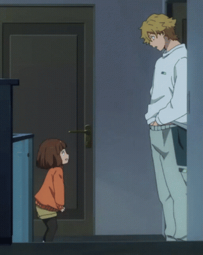 A Man And A Girl Are Standing Next To Each Other In Front Of A Door GIF