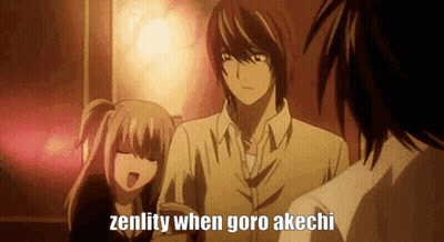 A Man And A Girl Are Standing Next To Each Other With A Caption That Says Zenity When Goro Akichi GIF