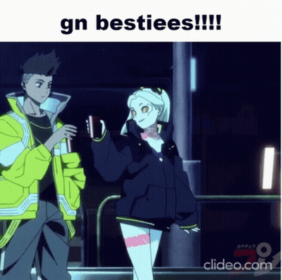 A Man And A Girl Are Standing Next To Each Other With The Words Gn Besties Written Above Them GIF