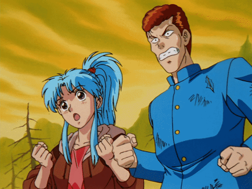 A Man And A Girl Are Standing Next To Each Other With Their Fists In The Air GIF