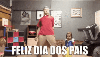 A Man And A Little Girl Are Dancing In A Room With The Words " Feliz Dia Dos Pais " Written On The Bottom GIF