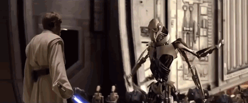 A Man And A Robot Are Standing Next To Each Other In A Room In A Star Wars Movie . GIF