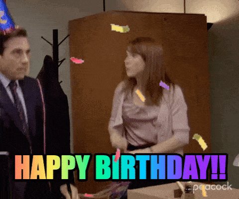 A Man And A Woman Are Celebrating A Birthday With Confetti Falling Around Them And The Words Happy Birthday ! GIF